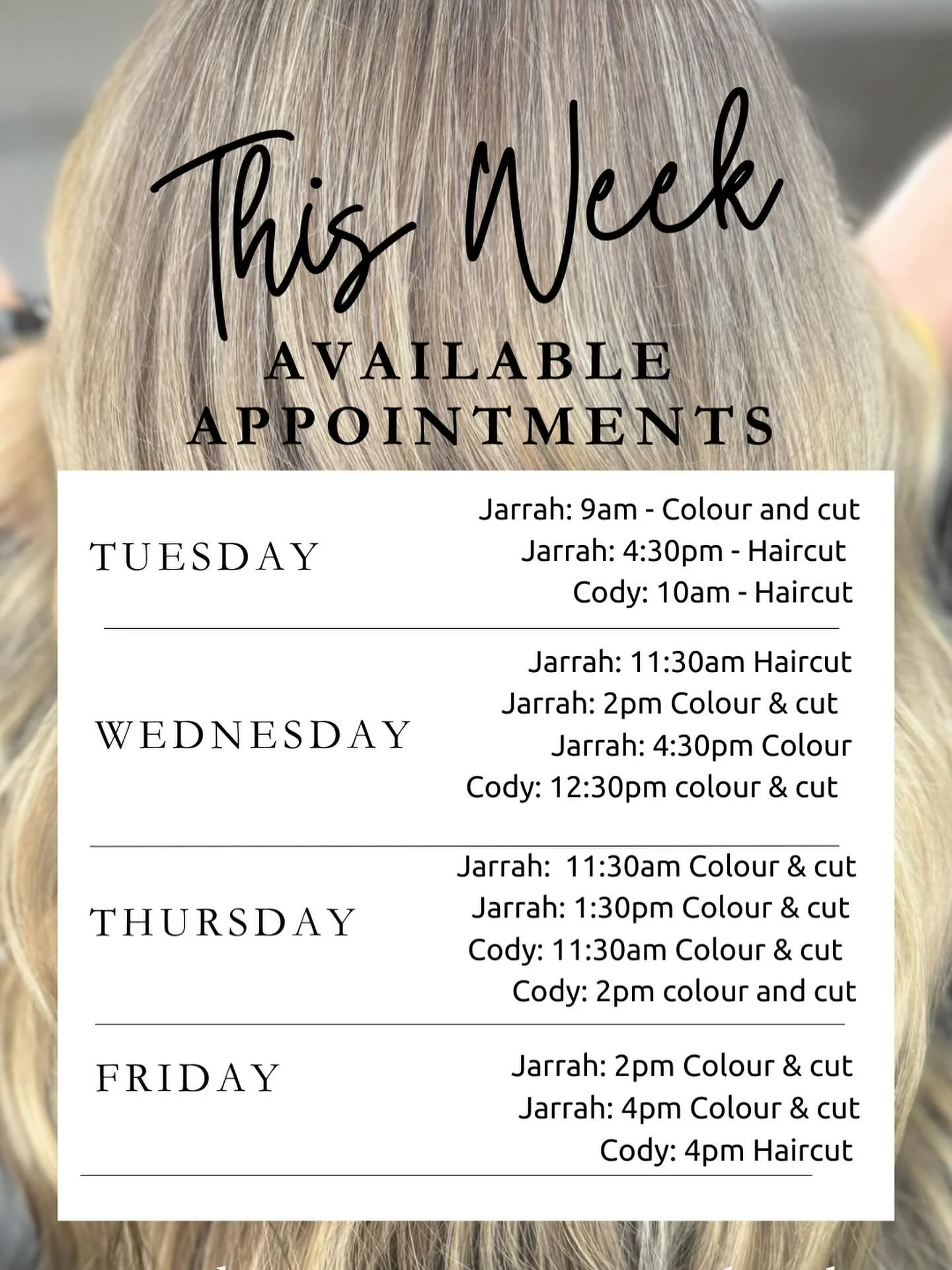 School holidays are almost over!!! 🥳🥳 Need a refresh this week?? Jarrah and Cody have some availabilities. Book online or send us a message 😊