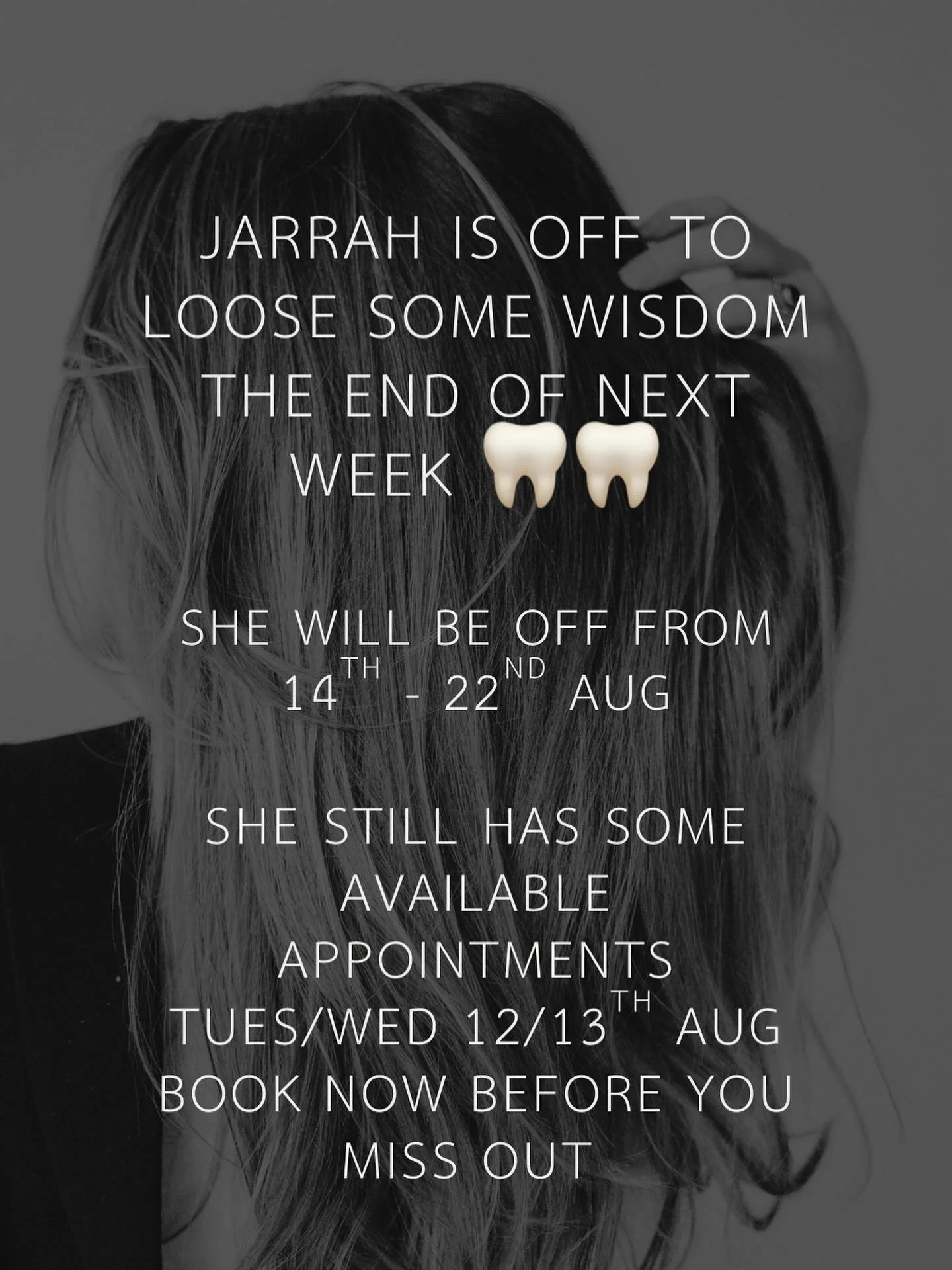 Jarrah is off for a little break soon so if your wanting to book in with her, book now to avoid disappointment