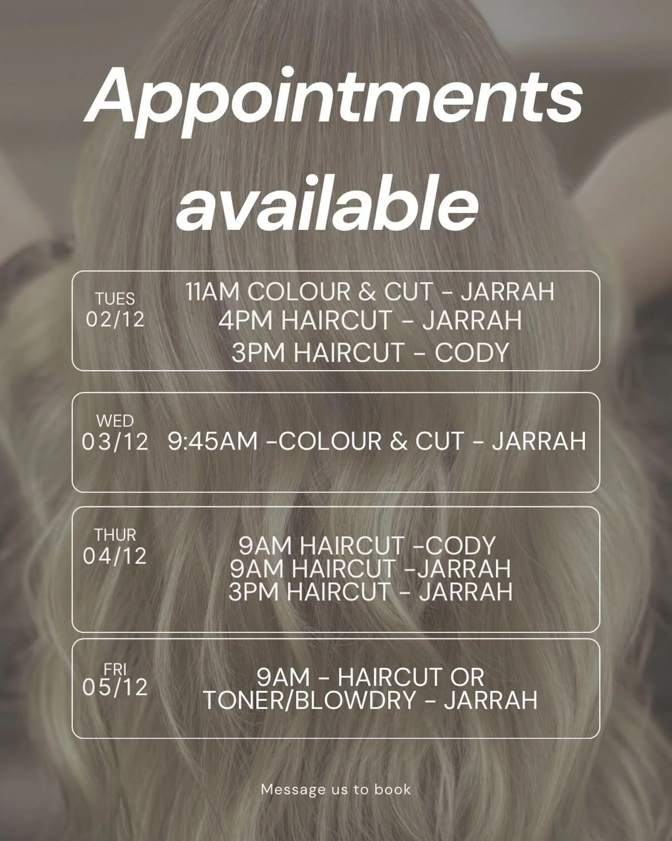 It&rsquo;s December already?! 🎅✨
If you want to look good for Santa (and the family photos 👀), this is your last chance!
🎄 Final Christmas appointments in the photo
Be quick &mdash; message us or jump online to book