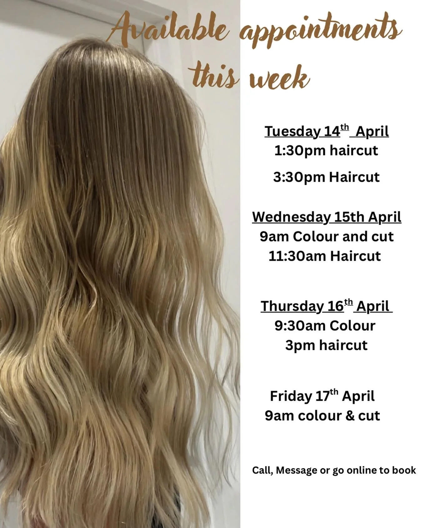 🌟Need a back to school haircut or just an autumn refresh on your colour? Here&rsquo;s this week&rsquo;s available appointments 🌟 call, message or book online