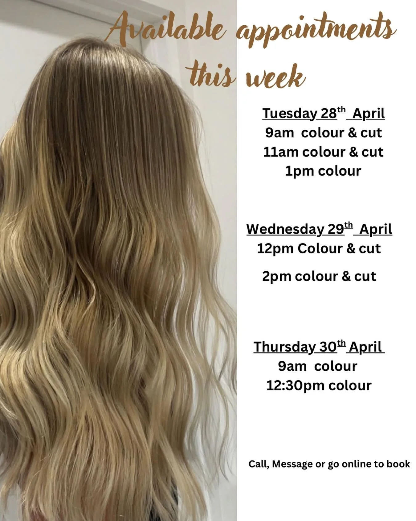 This weeks available appointments! Call, message or book online to snap these up