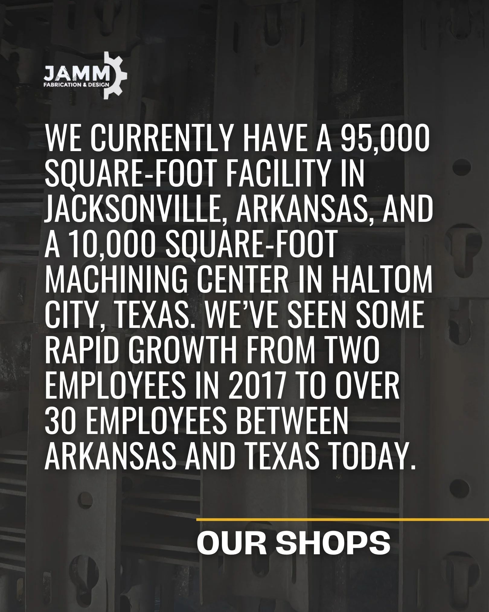 For anyone just getting to know JAMM, this is a snapshot of our growth. From our facility footprint to our team size, we've expanded steadily since we opened our doors in space, people, and capability. We knew we'd have to build the shop to match the
