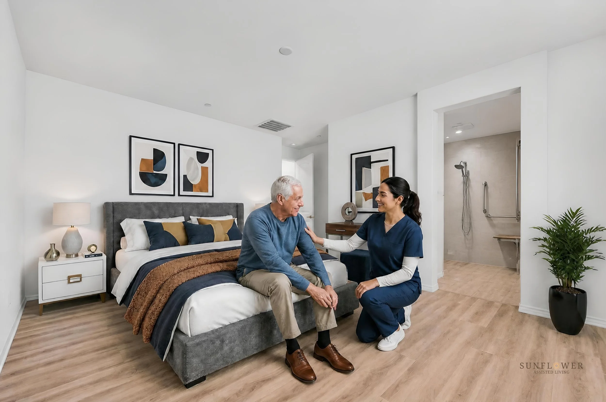 A healthcare professional in navy scrubs kneels beside an elderly man sitting on a bed, holding his hand and engaging in conversation, in a modern bedroom.