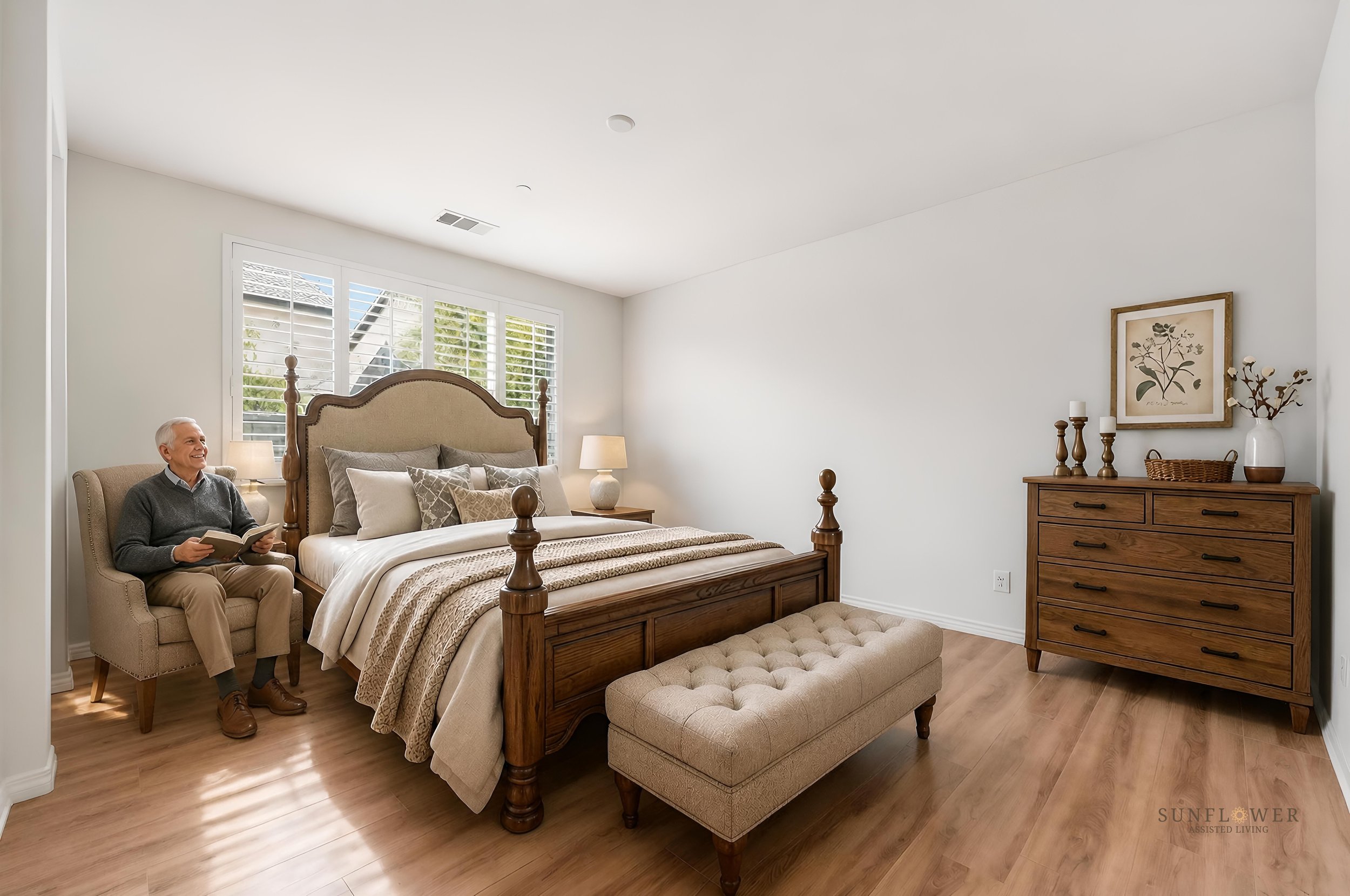 A senior man sitting on a beige armchair next to a bed in a bedroom with white walls and large windows with white shutters, hardwood floors, and various decorative items.