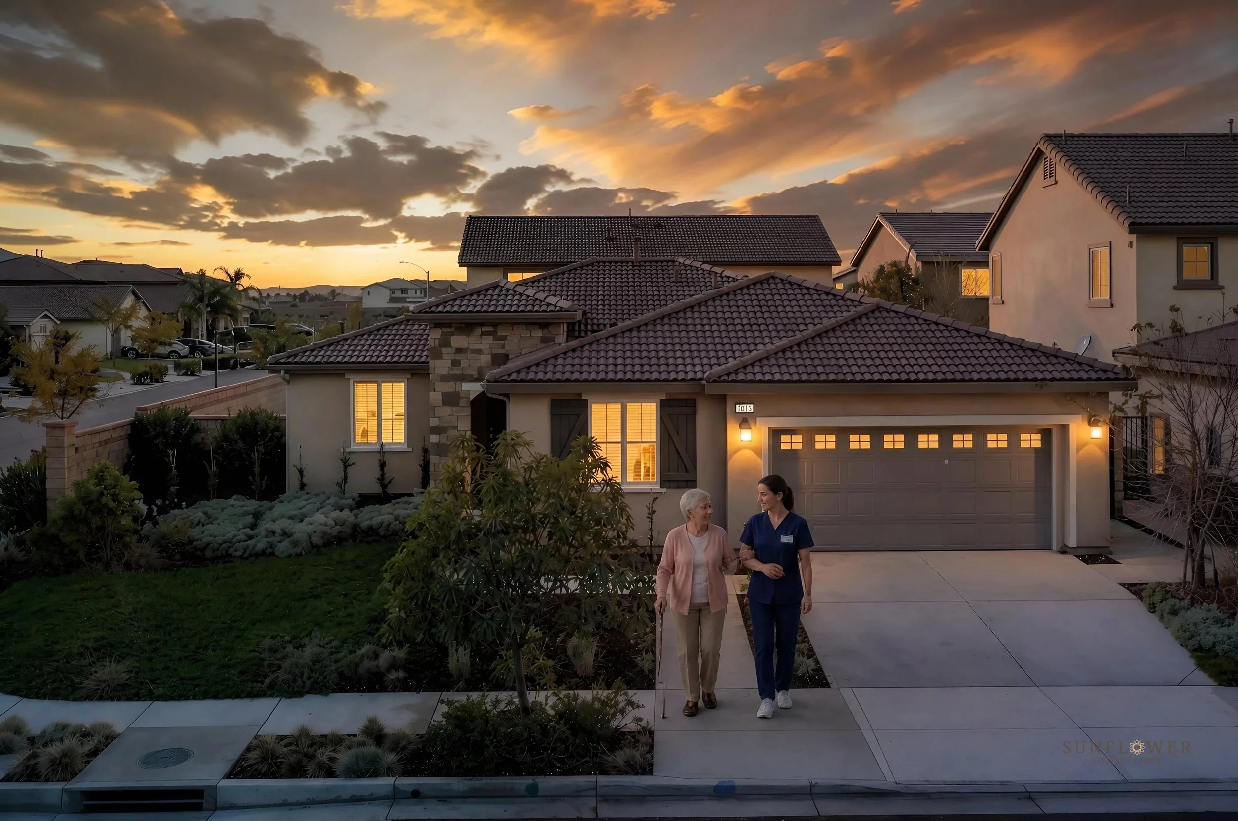 A sunset view of a suburban neighborhood with houses, a driveway, and two women walking and talking in the front yard.