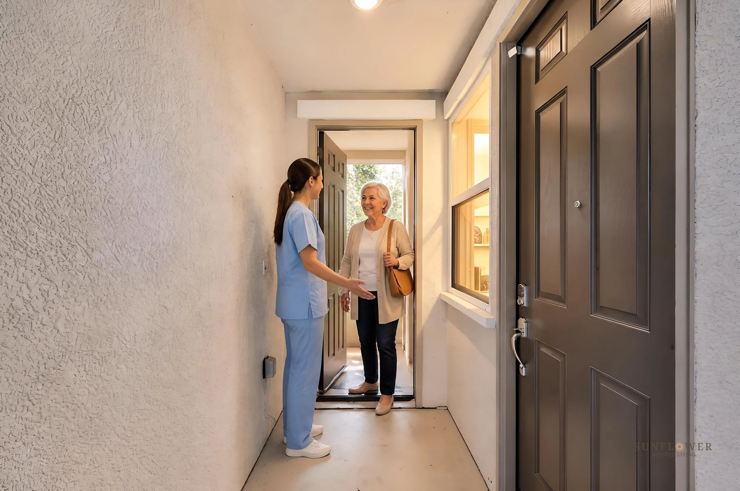 A healthcare worker in blue scrubs talking to an elderly woman in a beige cardigan at the front door of a house.