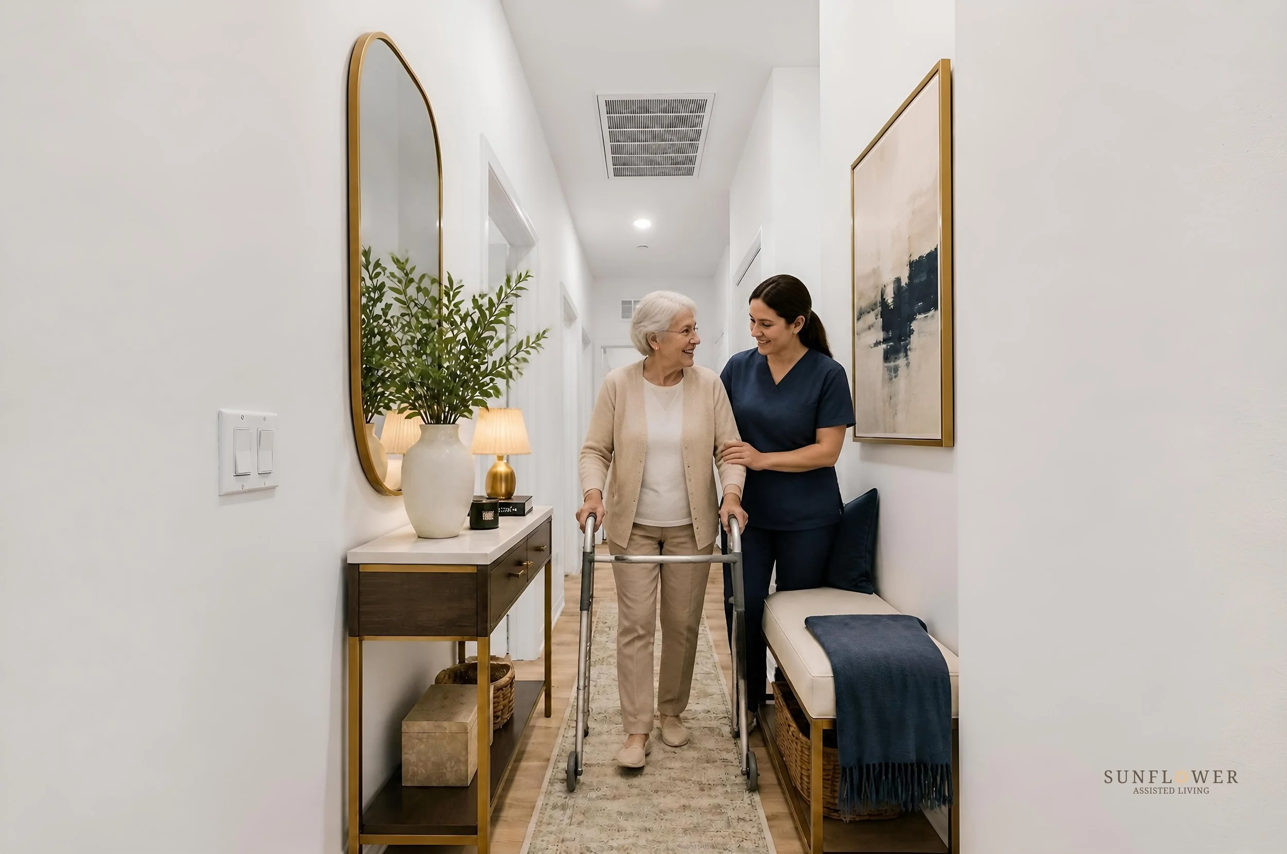 An elderly woman with white hair and a younger caregiver with dark hair walking together in a bright, modern hallway. The elderly woman uses a walker, and the caregiver supports her. The hallway is decorated with a large mirror, framed artwork, a pot