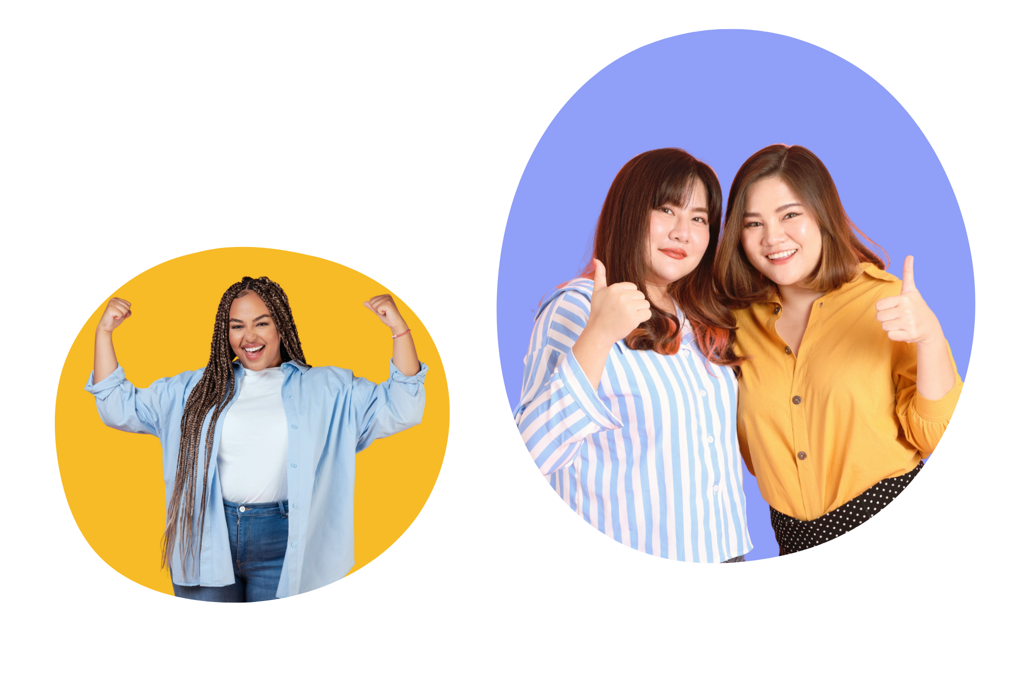 Two women smiling and giving thumbs up, one wearing a blue and white striped shirt and the other in a yellow shirt, with a third woman smiling joyfully in a yellow circle background.