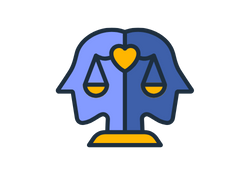 Icon of two human heads with a heart and balance scales inside, symbolising partnership.