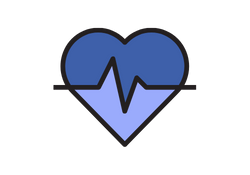 Blue and purple heart with a black outline and a heartbeat line inside sympolising health.