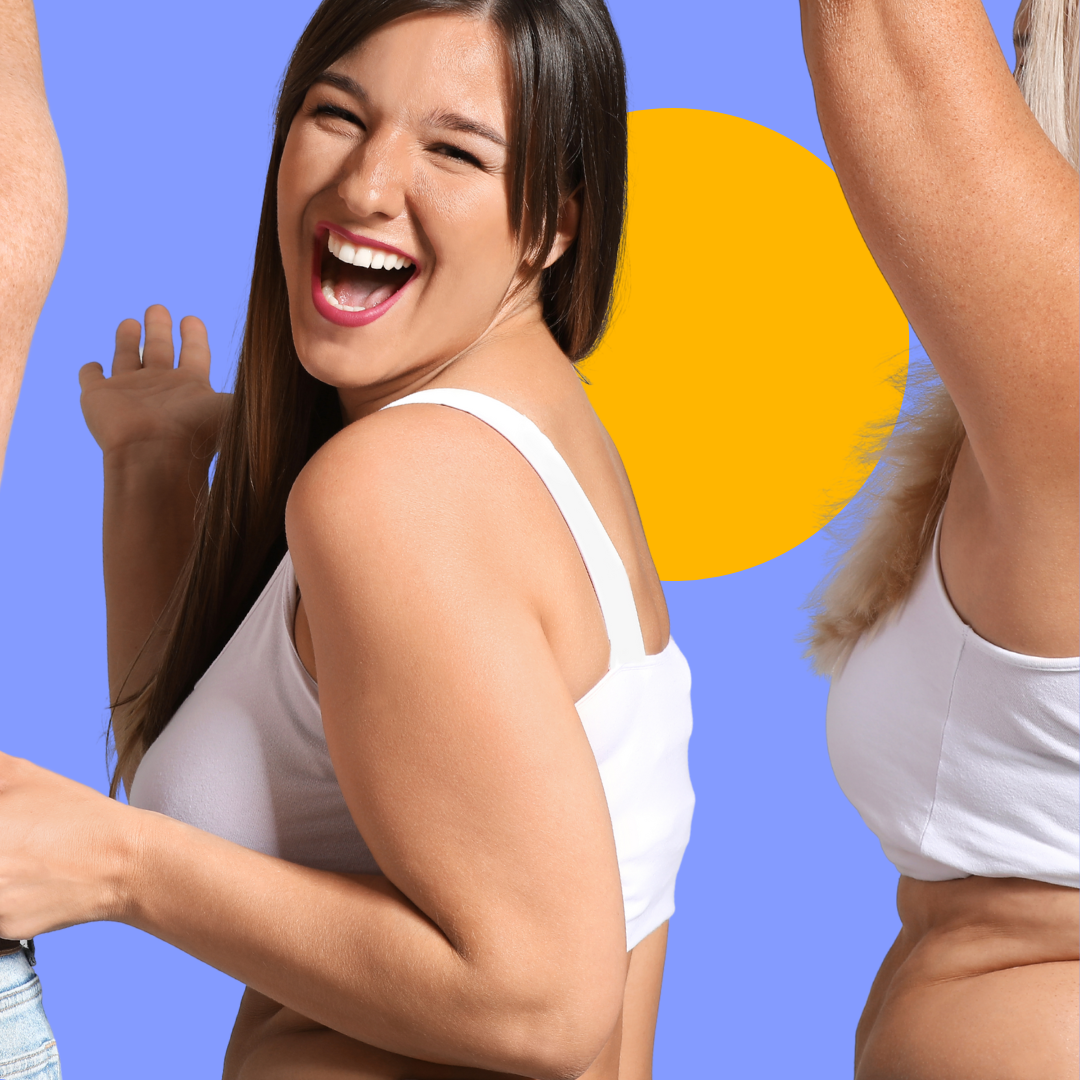 A woman with long brown hair smiling and laughing, wearing a white tank top, with a background featuring abstract blue, orange, and purple shapes.