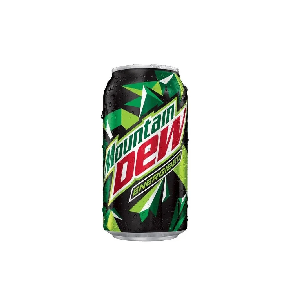 A can of Mountain Dew energetic soda with a black, green, and red design and droplets of condensation on it.