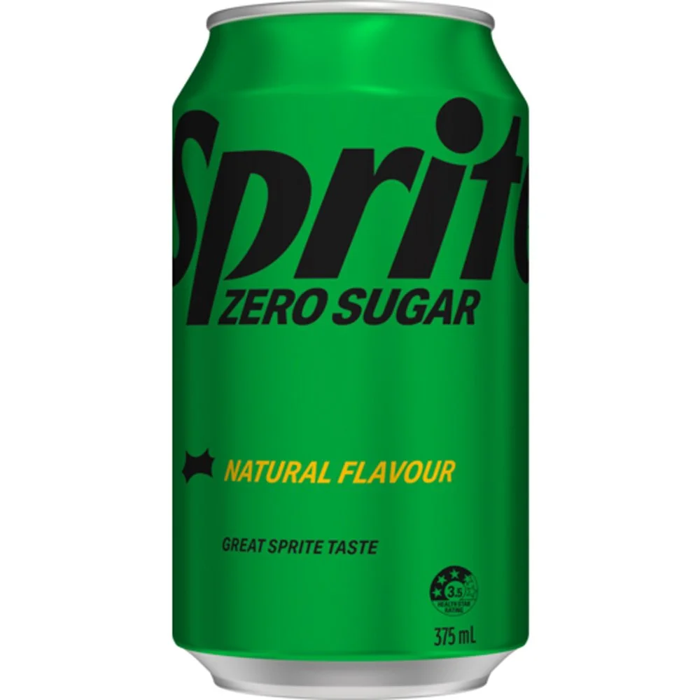 A can of Sprite Zero Sugar with a green background label, yellow and black text, and a silver top, containing 375 mL of soda.