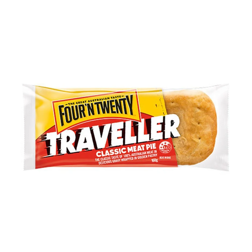 A packaged Four'ntwenty Traveller Classic Meat Pie snack