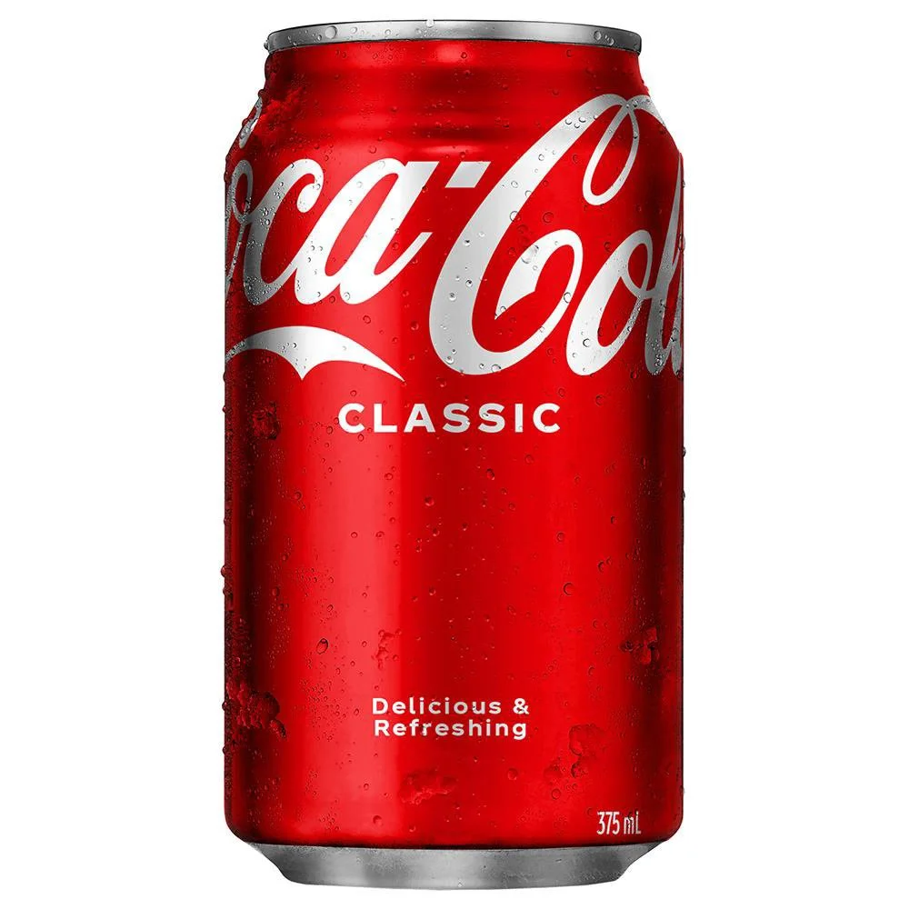 A red can of Coca-Cola Classic soda with condensation droplets, featuring white and silver branding, labeled as 375 milliliters.