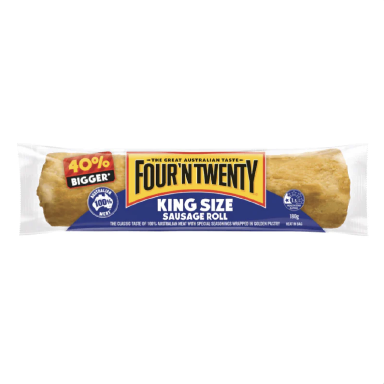 Four'N Twenty King Size Sausage Roll in clear packaging with yellow, red, blue, and black labeling.