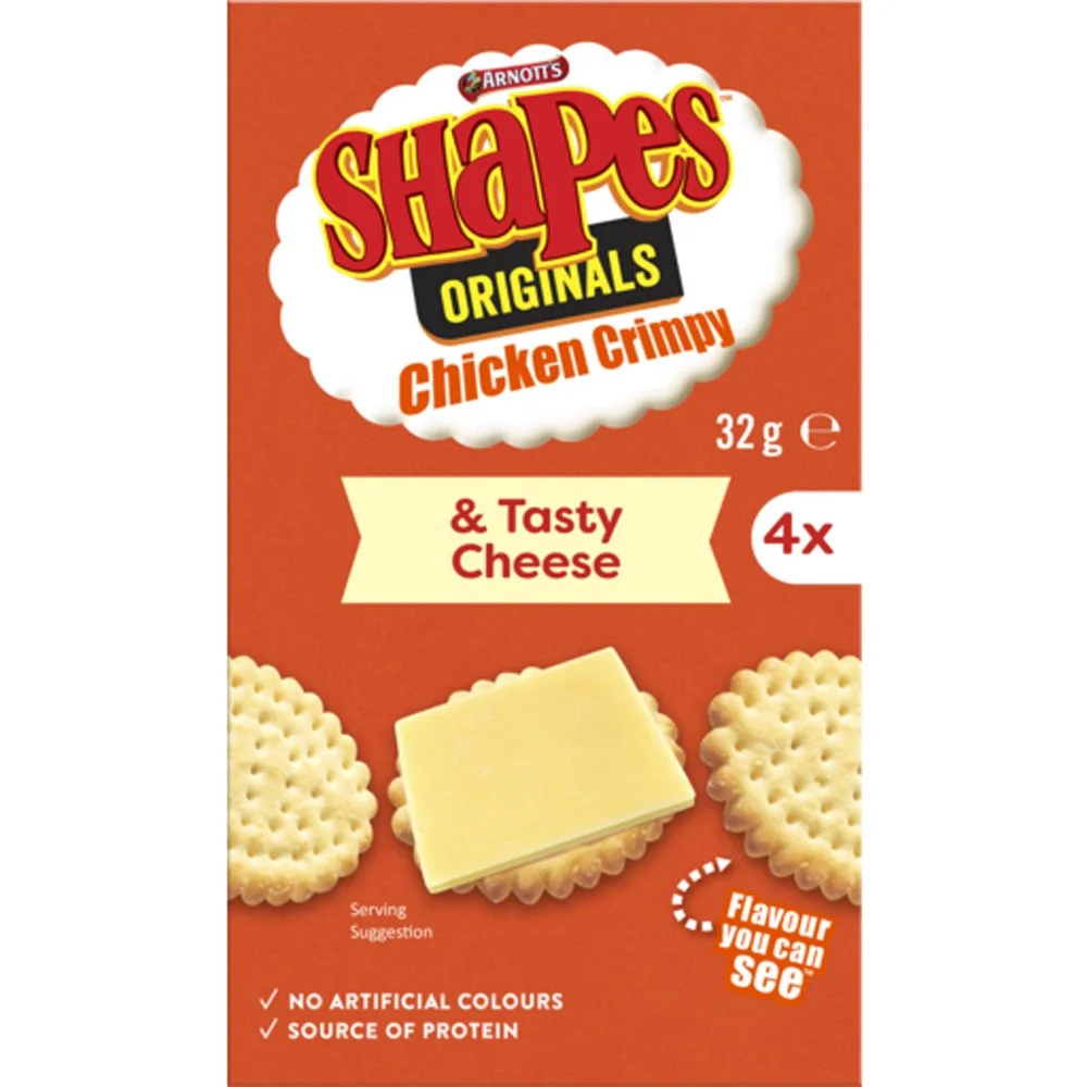 Packaging of Arnold's Shapes Originals Chicken Crimpy crackers with cheese flavor, displaying four boxes, cheese slice, and crackers on an orange background.