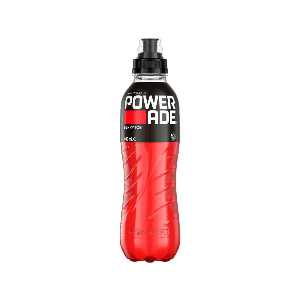 A bottle of Powerade sports drink in berry ice flavor, featuring red and black packaging with a black flip-top cap.