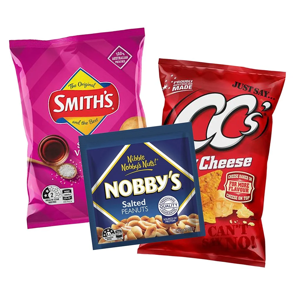 Three bags of snacks: Smith's potato chips, Nobby's salted peanuts, and CC's cheddar cheese flavored chips.