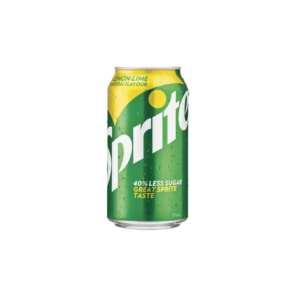 A can of Sprite lemon-lime soft drink with a green and yellow design, indicating 40% less sugar and a great sprite taste.