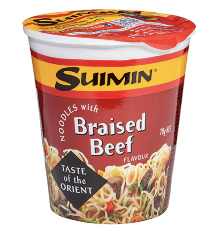 Cup of noodles with braised beef flavor, featuring a red and yellow packaging design, with an image of noodles and beef chunks on the front.