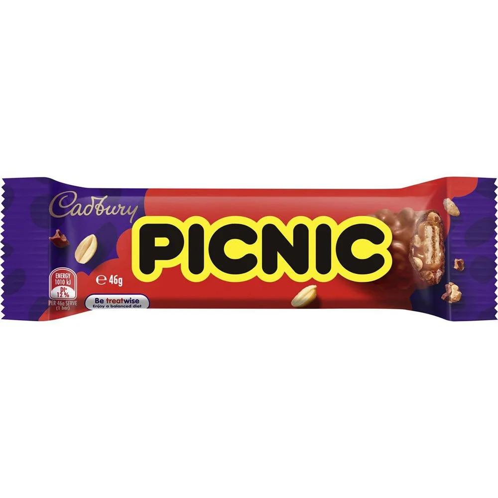 Cadbury Picnic chocolate bar in packaging with image of chocolate, caramel, and nuts