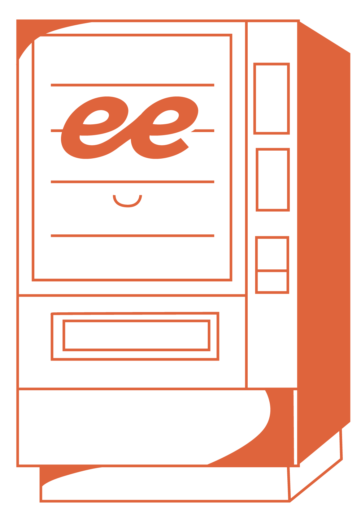 Illustration of a vending machine with a soda can labeled 'ee' behind the glass, set against a black background with orange outlines.