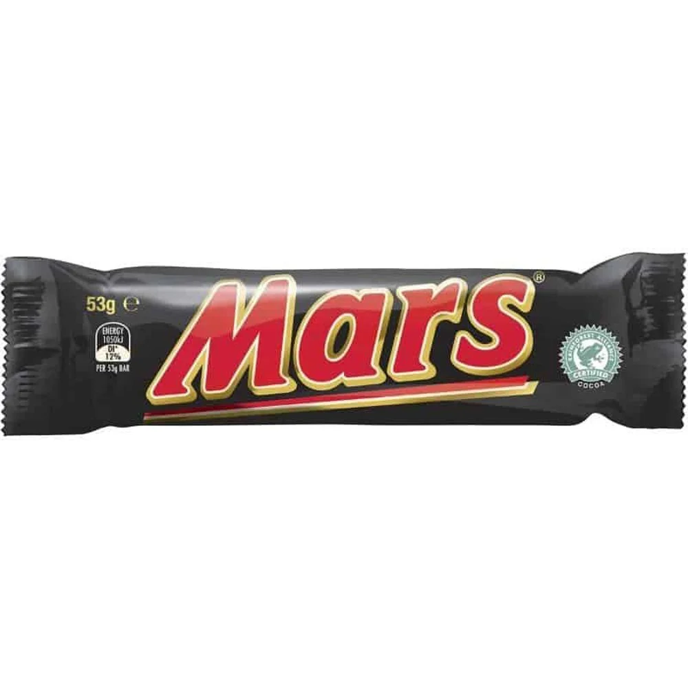 Mars chocolate bar in black packaging with red and yellow text, showing a cocoa certification logo on the right.