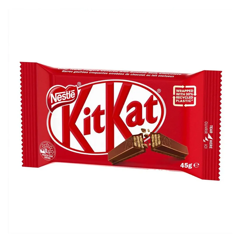 A red wrapper package of Nestlé Kit Kat chocolate bar with text indicating it is wrapped with 30% recycled plastic, featuring images of the chocolate bar showing layers of wafer and chocolate.