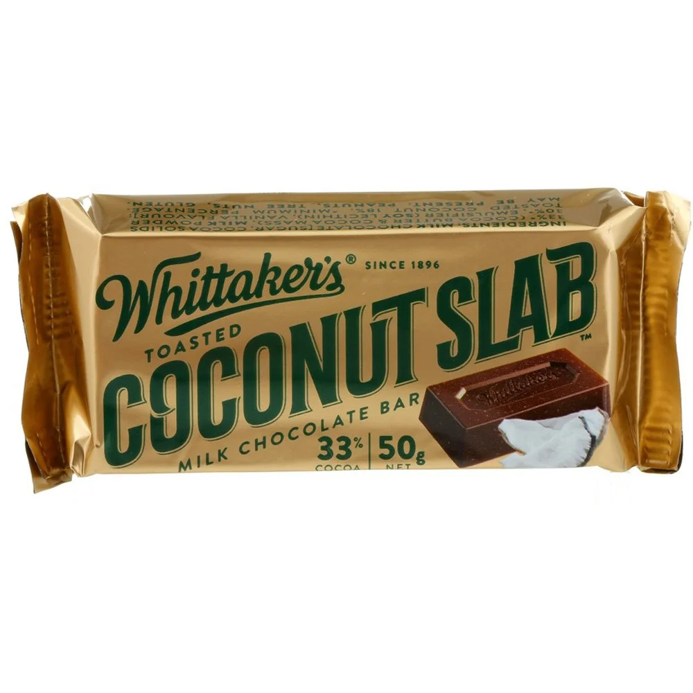 Whittaker's toasted coconut slab milk chocolate bar with coconut filling on the front