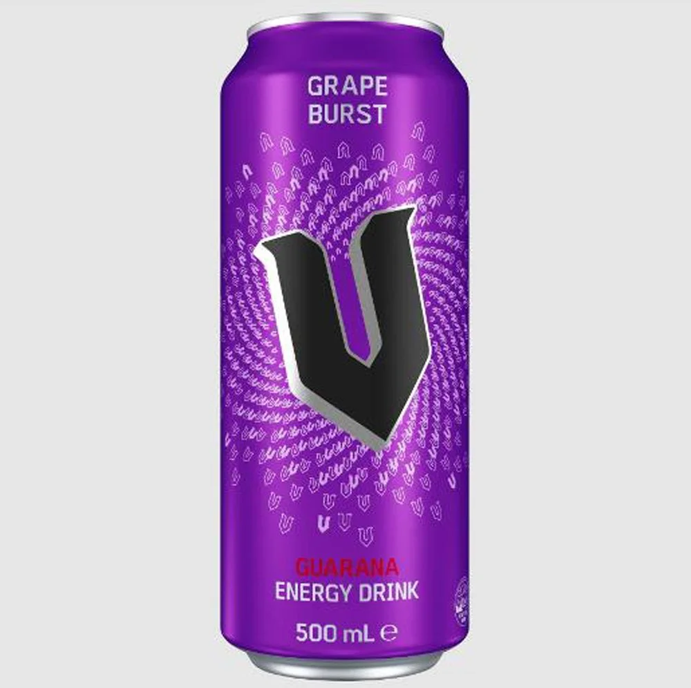 A can of V energy drink with a purple background and the words "Grape Burst" and "Guarana Energy Drink" on it.