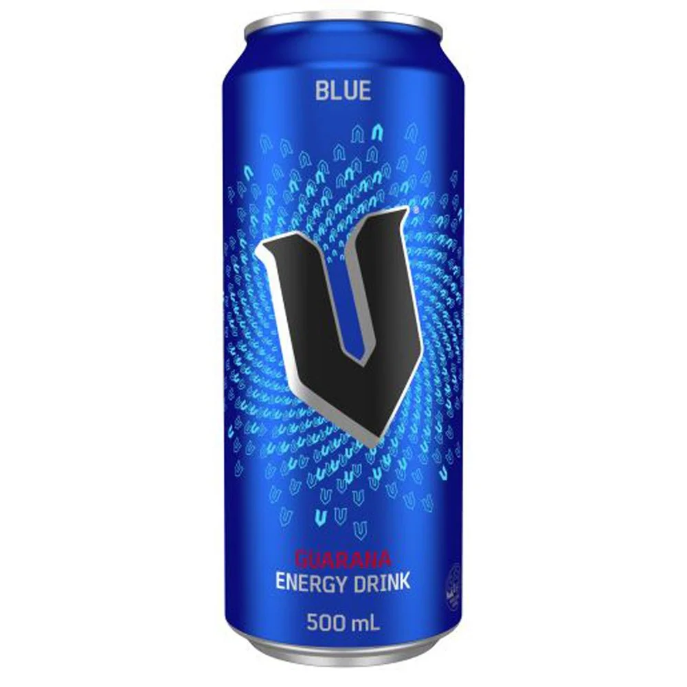 Blue energy drink can with a large black and gray v-shaped logo and the word 'Blue' at the top.