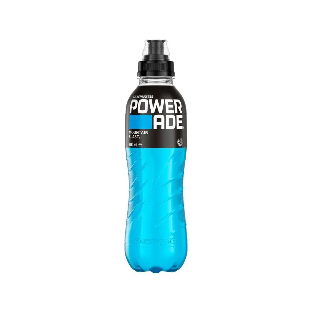 A 600 mL bottle of Powerade Mountain Blast sports drink with a black and blue label and a black sport cap.