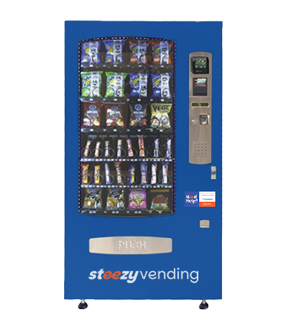 A vending machine filled with snack bags, featuring a blue exterior with the brand name 'Steezy Vending.'