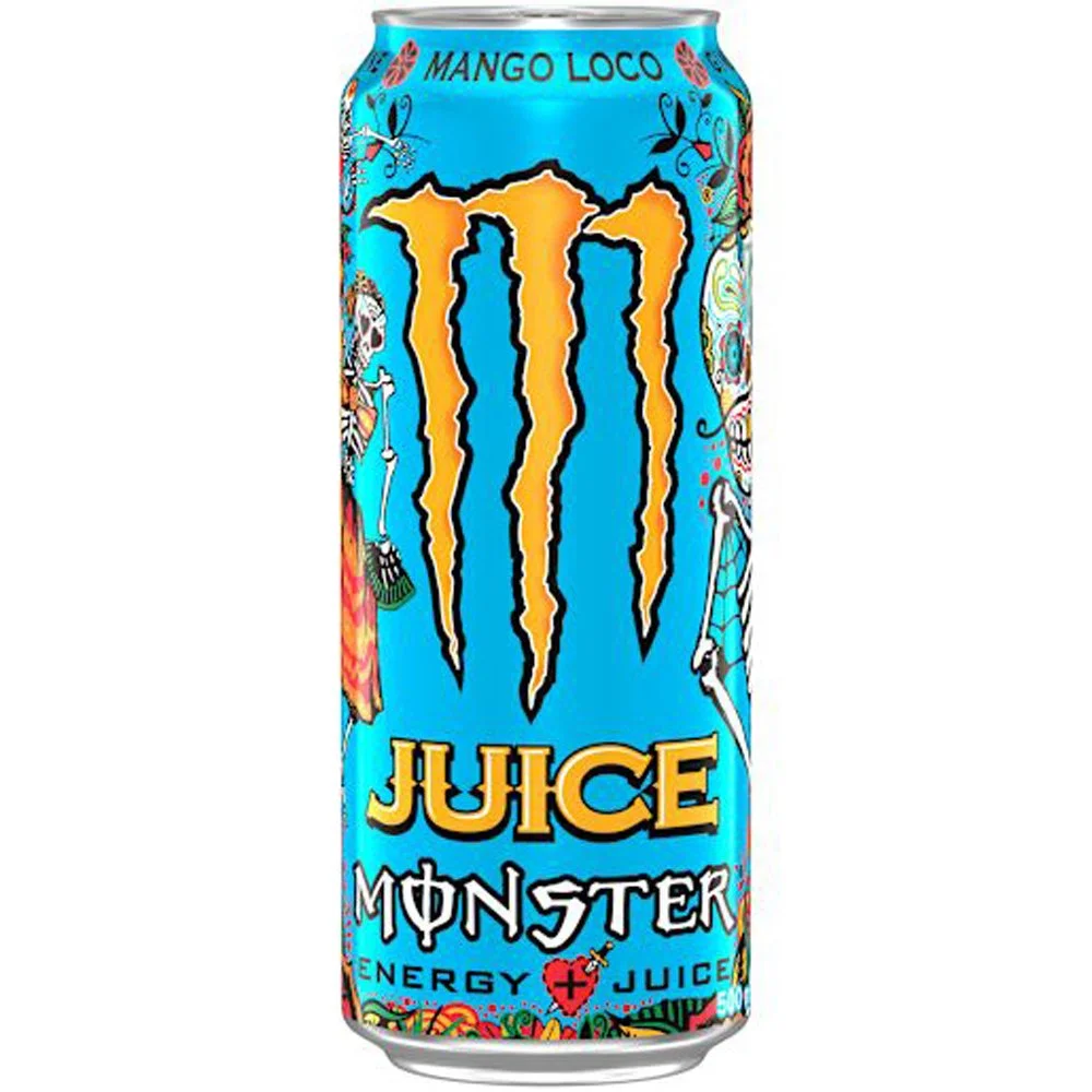 A can of Monster Juice Energy Drink with a colorful, graffiti-style design and the words 'Mango Loco' at the top.