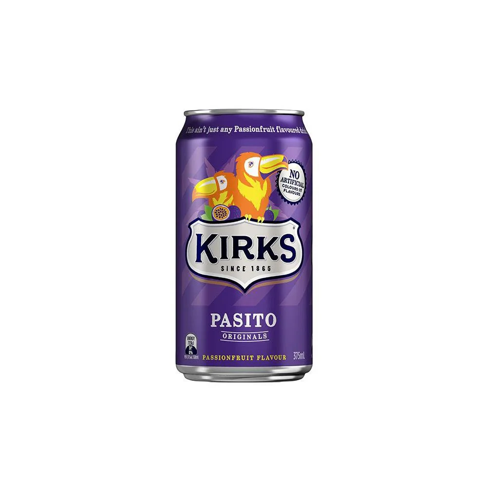 A can of Kirks Pasito passion fruit flavored beverage with purple labeling and a toucan illustration.