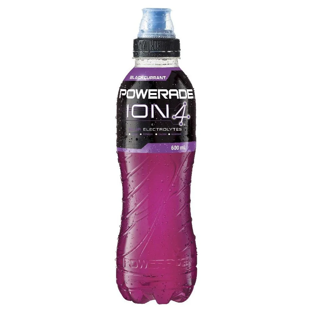 A 600 mL bottle of Powerade Ion4 sports drink, with blackcurrant flavor, purple and black label, and water droplets on the bottle.