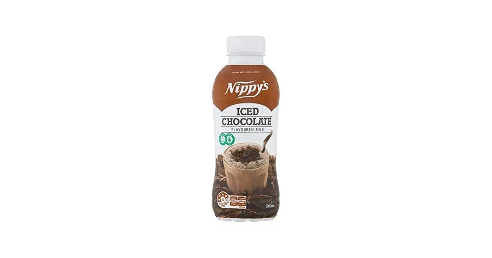 A 500ml bottle of Nippy's iced chocolate flavored milk with a white cap, featuring a label with an image of iced chocolate in a glass and brown background.