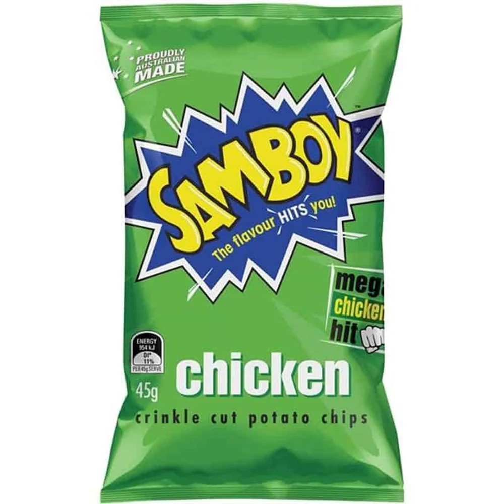 A bag of SamBoy chicken flavored crinkle cut potato chips, made in Australia, with a green background and colorful text.