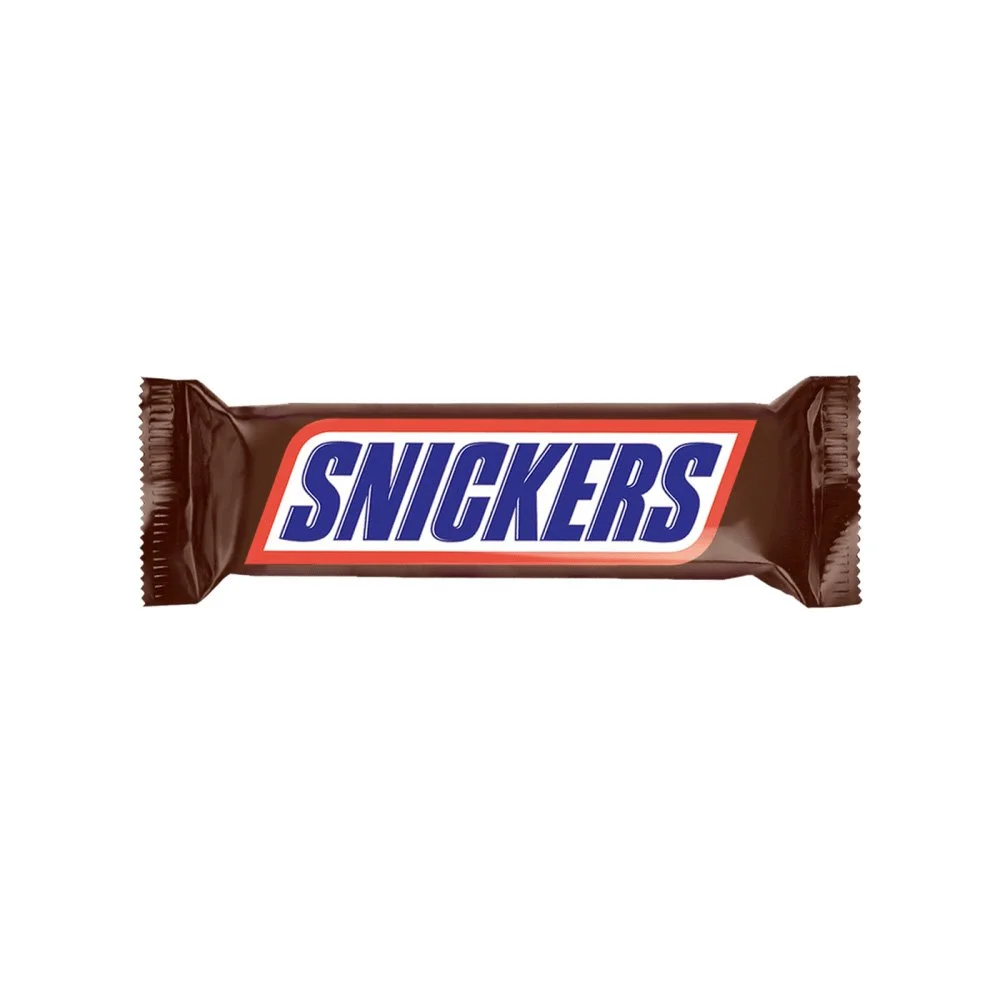 A Snickers chocolate bar in its packaging.