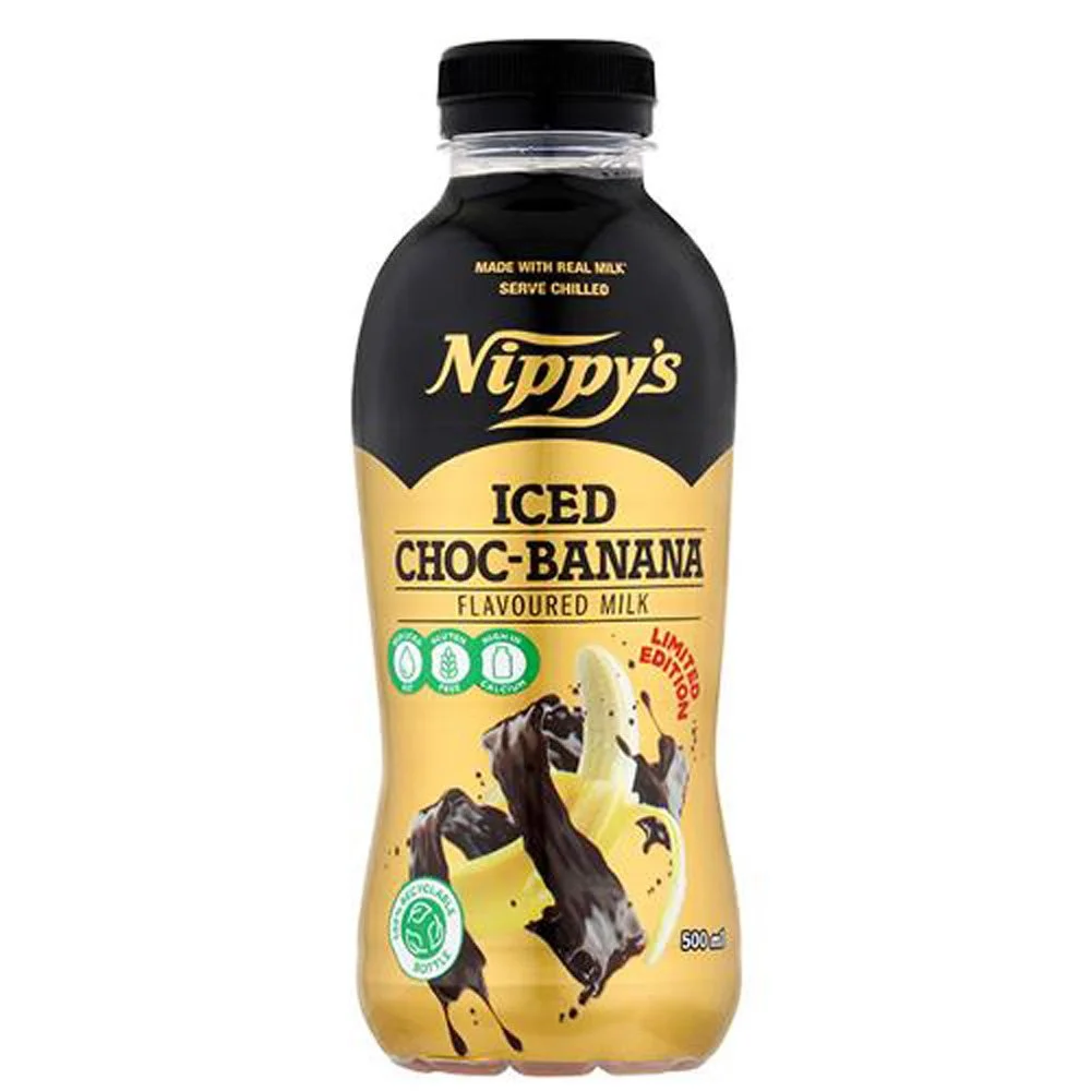 A 500ml bottle of Nippy's Iced Choc-Banana flavored milk with a black cap, featuring a yellow and black label with text and a picture of chocolate and banana.