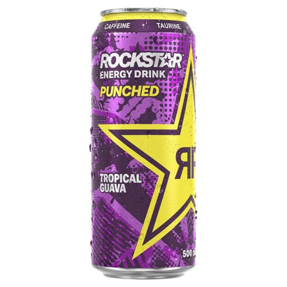 A can of Rockstar energy drink with a purple and yellow design, labeled as tropical guava flavor, punched variant, containing caffeine and taurine, with a 500ml size.