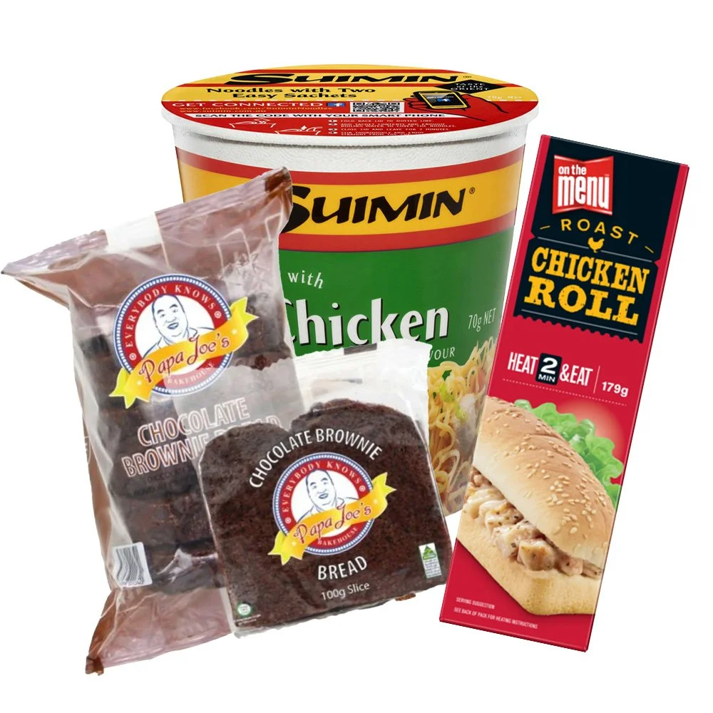 Assorted grocery items including a container of Sunmin chicken noodle soup, Papa Joe's chocolate brownie bread, and a Chicken Roll sandwich.