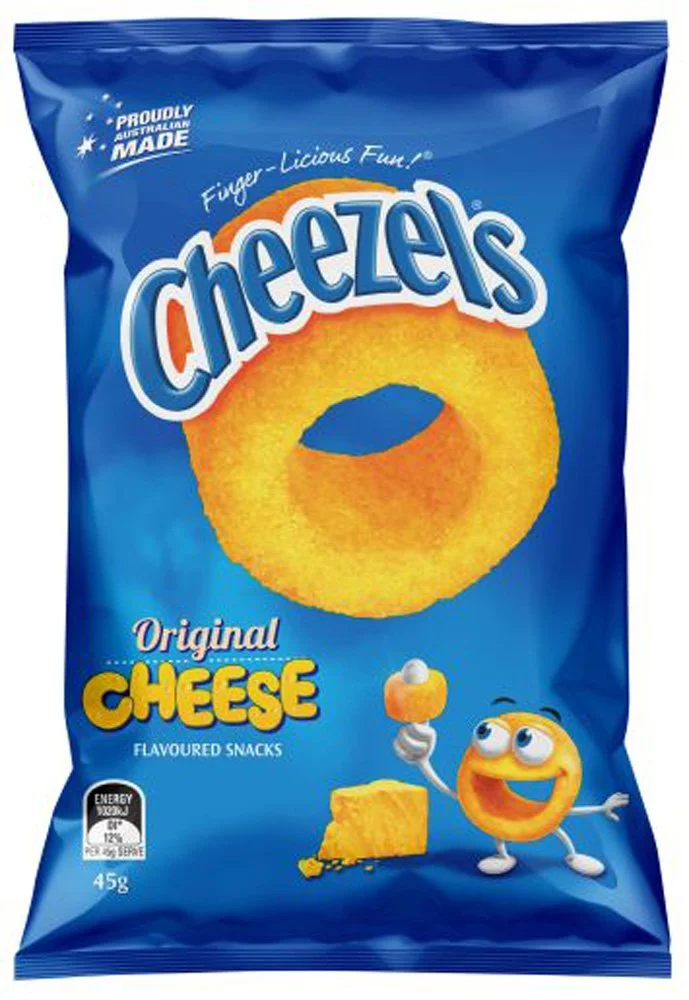 A blue bag of Cheezels Original Cheese flavored snacks with a cartoon cheese mascot and a cheese snack with a hole in the center.