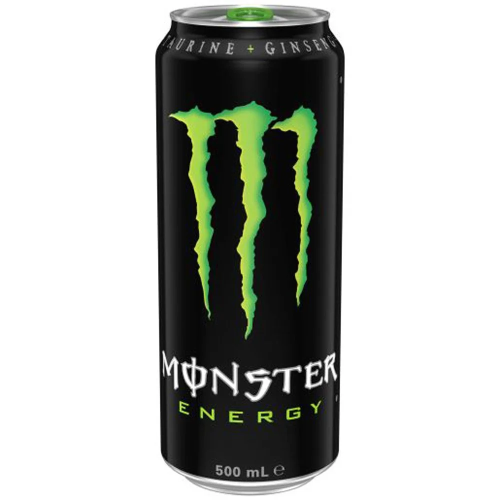 A 500 mL black can of Monster Energy drink featuring a green and black logo with the words 'Monster Energy' and a prominent green claw mark design.