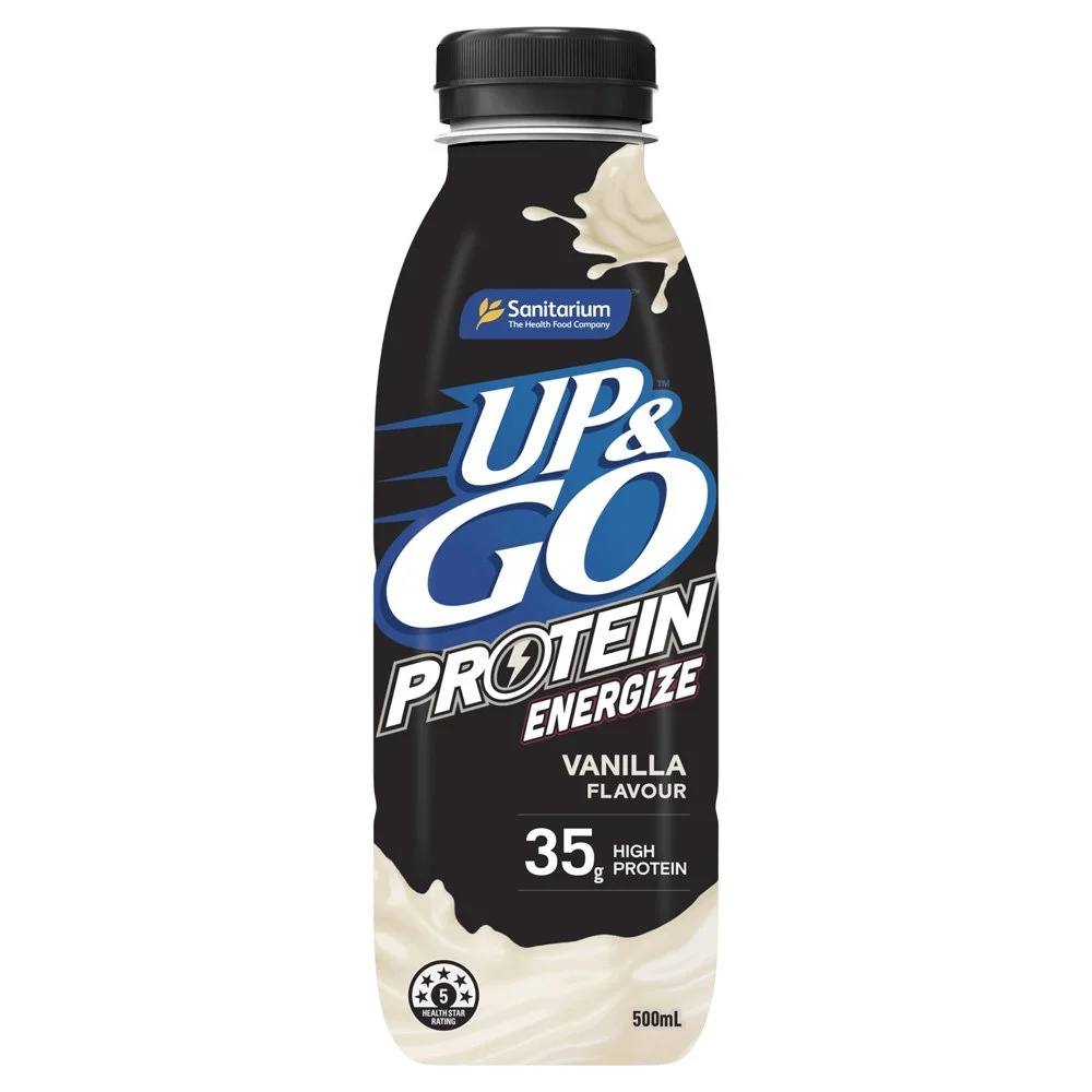 A black bottle of UP & GO Protein Energize drink with vanilla flavor, containing 35 grams of high protein, with a splash of vanilla beverage coming out of the top.
