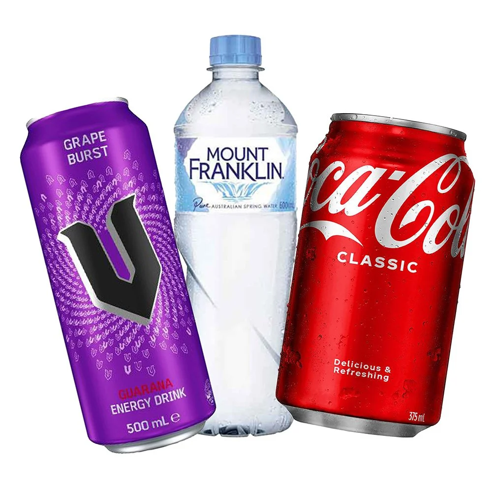 Three beverage cans and a water bottle: a purple energy drink can labeled 'Grape Burst,' a transparent water bottle labeled 'Mount Franklin,' and a red Coca-Cola can labeled 'Classic' with condensation droplets.