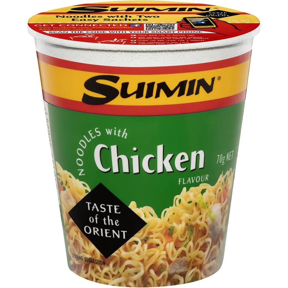 Cup of SuiMin chicken flavored noodles with a green and yellow packaging design and an image of noodles with chicken pieces on the front.
