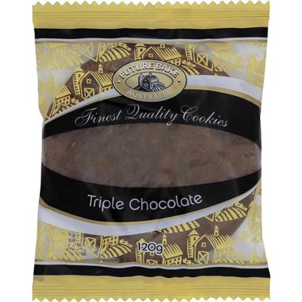 A package of Future Bay Australia Triple Chocolate cookies featuring illustrations of houses and buildings in yellow and black graphics.