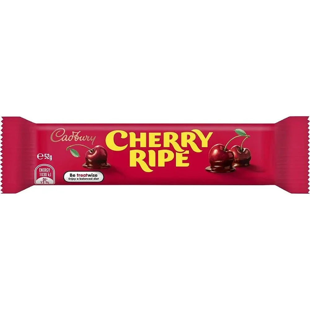 A Cadbury Cherry Ripe chocolate bar in red packaging with cherries and chocolate.